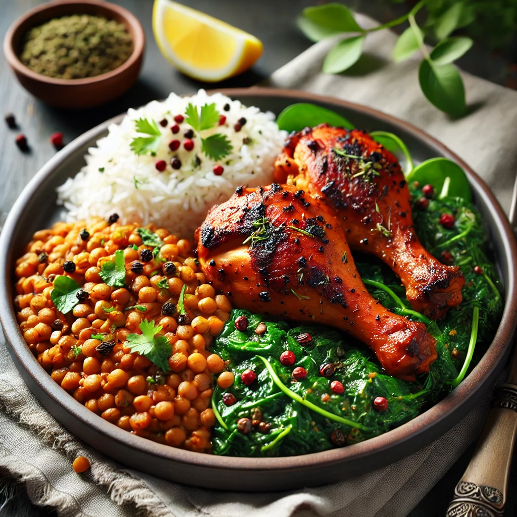 Lentilles épinards + poulet tandoori +riz
