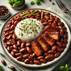 Riz, Haricots Rouges et Rouelle de Porc Roussi