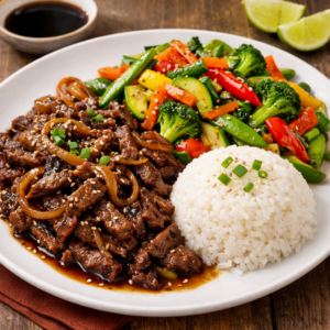 émincé de bœuf aux oignons caramélisé et sauce soja+ wok de légumes +riz
